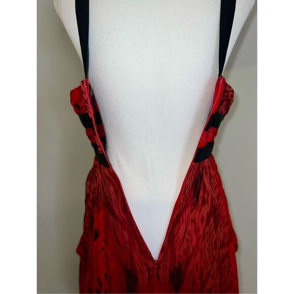 100% Silk Low Cut Red Gown Midi Dress Ruffle Hem Women’s XS - Picture 7 of 11